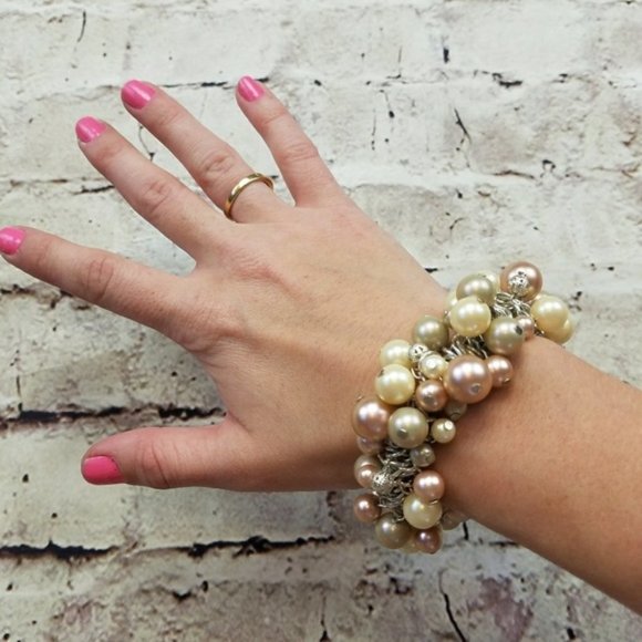 Macys Matching Set Faux Pearls Silver Bracelet Necklace Preppy Formal Party Glam - Picture 3 of 6